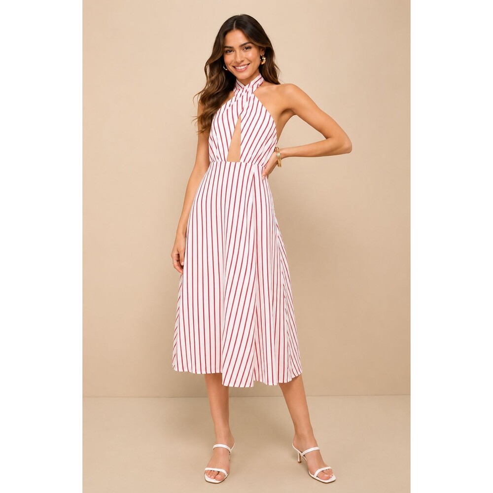 LULUS Women's New Cutout Halter Midi Dress SMALL Striped Linen Blend Summer